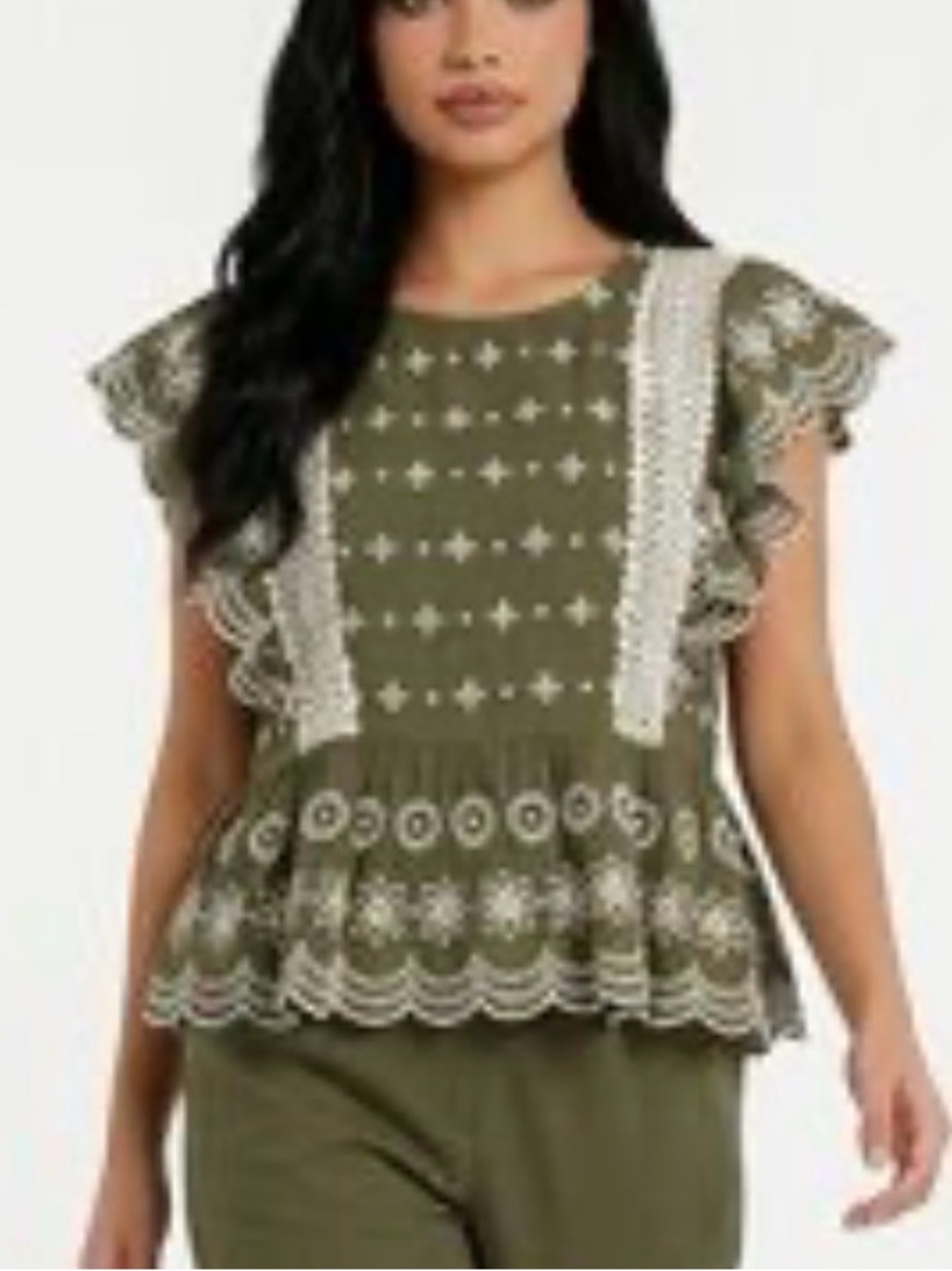 Jennifer & Grace Med Olive Green Embroidered Flutter Sleeve Peplum Top